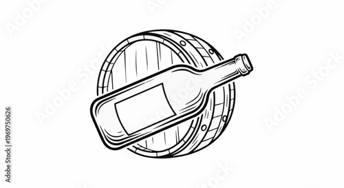 Stylized illustration of a wine bottle across a wooden barrel