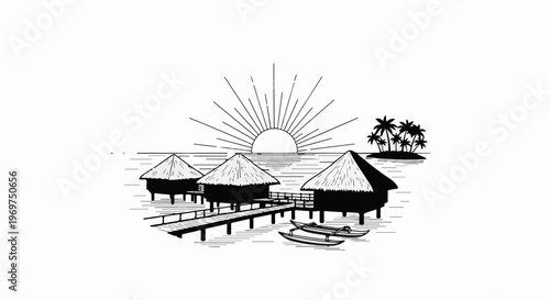 Tropical overwater bungalows and island palms at sunrise with canoes