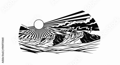 Stylized sun rays over stormy mountains and rugged terrain