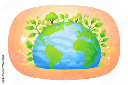 Illustration of planet Earth surrounded by growing trees and plants symbolizing reforestation, sustainability, and a healthy environment.