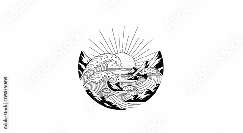 Stylized sun rising over crashing waves and mountains within a circle