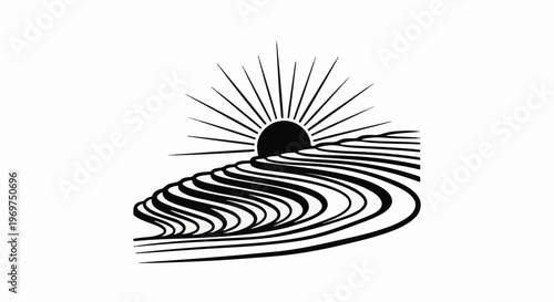 Stylized sun rising over curved landscape
