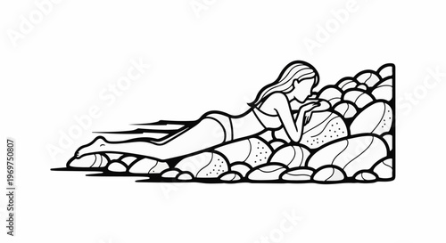 Stylized illustration of a woman in a bikini reclining on a rocky shore