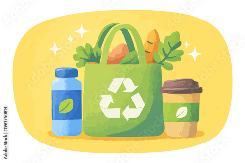 Illustration of reusable shopping bag with food, bottle, and cup promoting sustainable lifestyle, zero waste, and eco-friendly consumption.