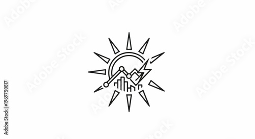 Stylized sun with graph, lightning, and cityscape inside