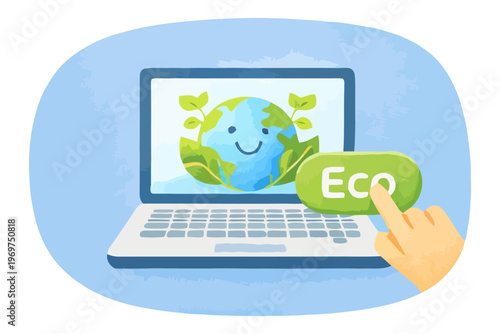 Flat illustration of a laptop with eco symbol and hand pressing button representing sustainable technology and environmentally friendly digital actions.
