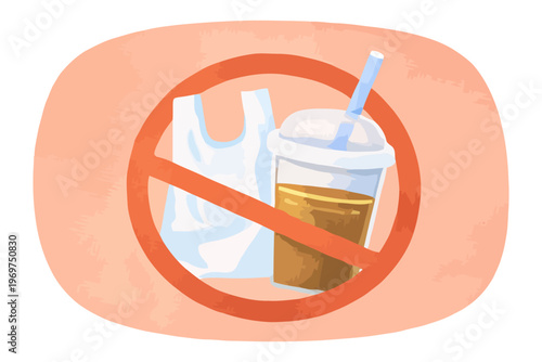 Illustration showing plastic bag and drink cup crossed out promoting reduction of single-use plastics and zero waste lifestyle.