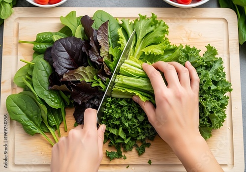 Preparation of Fresh Green Salad on a Chopping Board for Healthy Eating