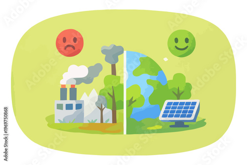 Illustration comparing polluted industrial area with clean green energy landscape highlighting environmental impact and sustainable future solutions.