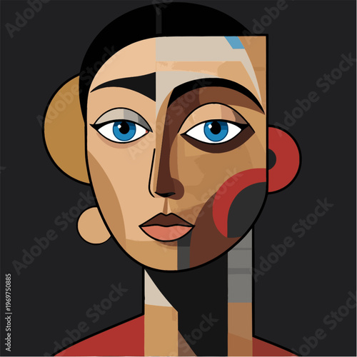geometric female portrait vector abstract face cubist style taupe mocha beige red accent black background modern wall art