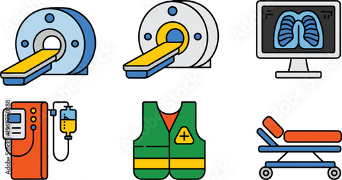 Medical hospital equipment set featuring MRI scanner CT machine X-ray monitor lung scan iv infusion pump safety vest and stretcher vector illustration