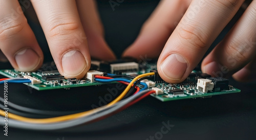 Close-up of a technician's hands assembling an electronic circuit board. Engineer connecting wires to a green pcb with microchips. Technology hardware repair and manufacturing concept