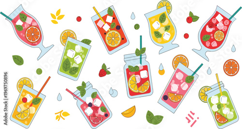 Fresh Fruit Infused Drinks Vector Set with Citrus, Berries, Mint Leaves, Ice Cubes, Colorful Beverages, and Summer Refreshment Illustration Collection.