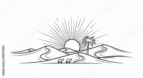 Stylized sunrise over desert dunes with palm tree and camels