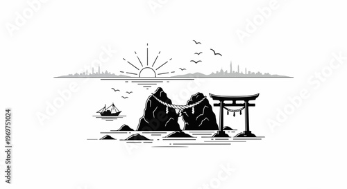Stylized sunrise over islands with a torii gate, sailboat, and distant city skyline
