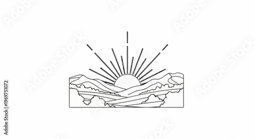 Stylized sunrise over rolling hills and trees, linework illustration