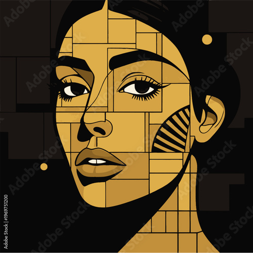 gold geometric female portrait vector abstract cubist face luxury black background modern wall art