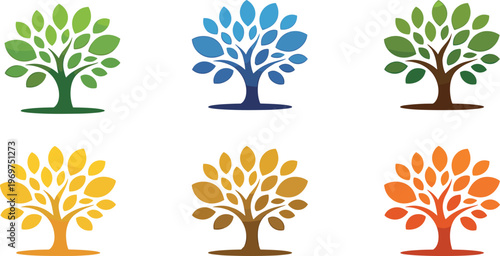 Colorful tree logo set vector illustration with stylized green blue yellow and orange leaves for environmental brand identity design concepts