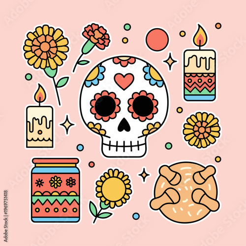 Pastel Dia de los Muertos Vector Icon Set
