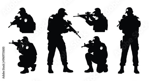 Silhouette of armed soldiers in various combat and defensive positions