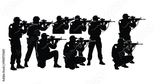 Silhouette of armed soldiers in various combat and defensive positions
