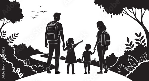 Family Hiking in Nature Silhouette - Outdoor Adventure and Travel Vector