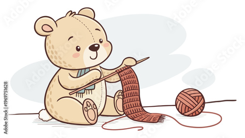 A cute cartoon bear knitting a scarf with yarn and needles