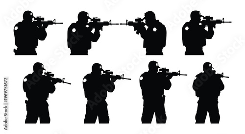 Silhouette of armed soldiers in various combat and defensive positions