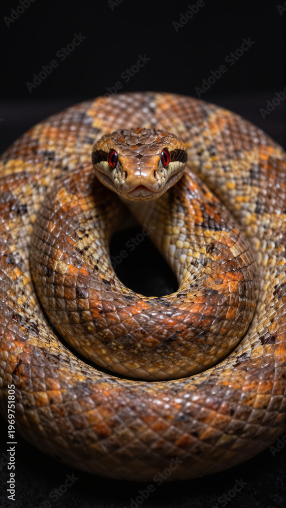Fototapeta premium Coiled Brown Snake With Red Eyes Facing Forward On Black Background