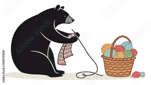 A black bear sitting and knitting with a basket of colorful yarn