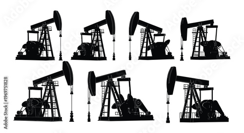 Silhouettes of multiple oil pumps against a stark white background