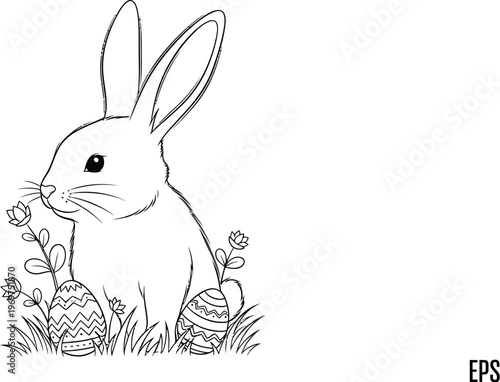 Black and white illustration of a bunny smelling flowers with decorated Easter eggs