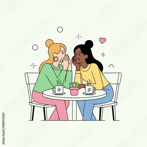 Flat Vector Illustration of Friends Gossiping Over Coffee