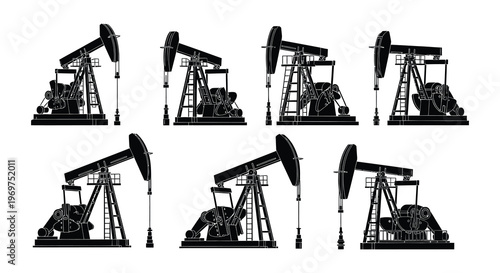 Silhouettes of multiple oil pumps against a stark white background