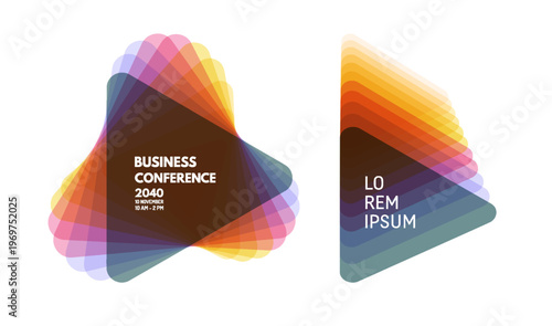A geometric triangular figure. Offset and layering. A translucent element. Template for an invitation to a business event or conference. Vector for brochure, poster, cover, presentation, flyer, etc.