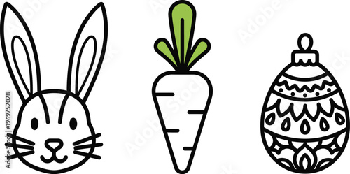A delightful trio of simple line art icons featuring a friendly rabbit face, a fresh green carrot, and an intricately patterned festive holiday ornament design.