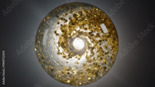 Golden glitter swirling in clear sphere abstract sparkling light reflection dynamic movement shiny particle effect luminous object decoration background