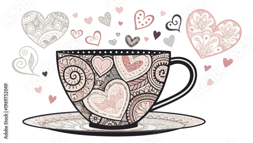 A whimsical vector illustration of a heart-patterned teacup and saucer