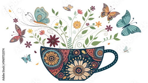A colorful vector illustration of a teacup with flowers and butterflies