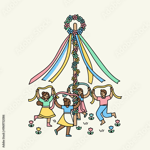 Flat Vector May Day Maypole Celebration Scene