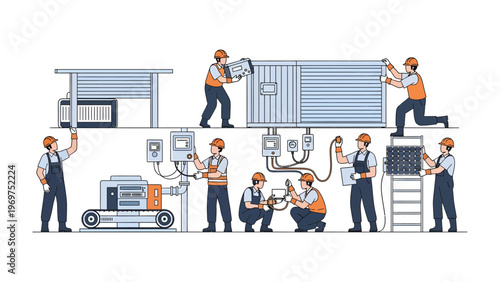 Solar Panel Installation Illustration: An illustration depicts diligent workers meticulously installing solar panels, showcasing a commitment to sustainable energy and modern technology.