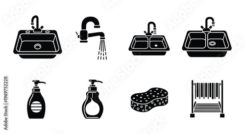 Black and white icons depicting kitchen and bathroom sinks soap and accessories