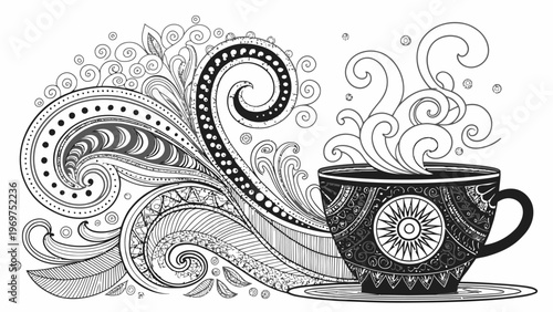A black and white illustration of a steaming cup of coffee with intricate designs