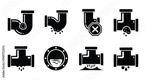 Black and white plumbing icons depicting pipes clogs and maintenance