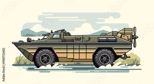 Amphibious Military Vehicle Driving Through Water