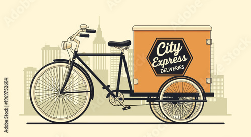 Cargo Bike Delivery Service with City Skyline Background