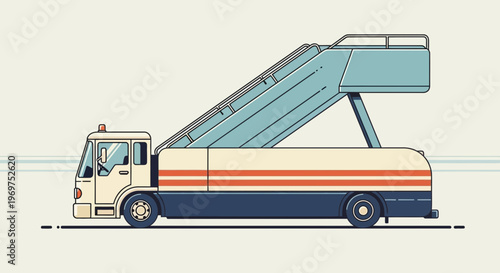 Airport airstair truck, passenger boarding stairs vehicle side view, aviation ground support equipment.