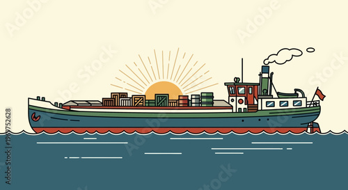 Cargo ship sailing at sunrise with sunburst and crates on deck