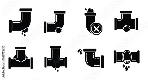 Black and white plumbing icons depicting pipes clogs and maintenance