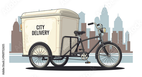 Cargo Tricycle for City Delivery with Skyline Background